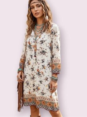 Figueroa & Flower Boho Cottagecore Mini Dress Floral Earth Tone Size Medium